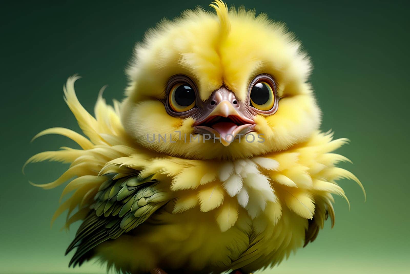 cute yellow chicken on green background . AI generated image.