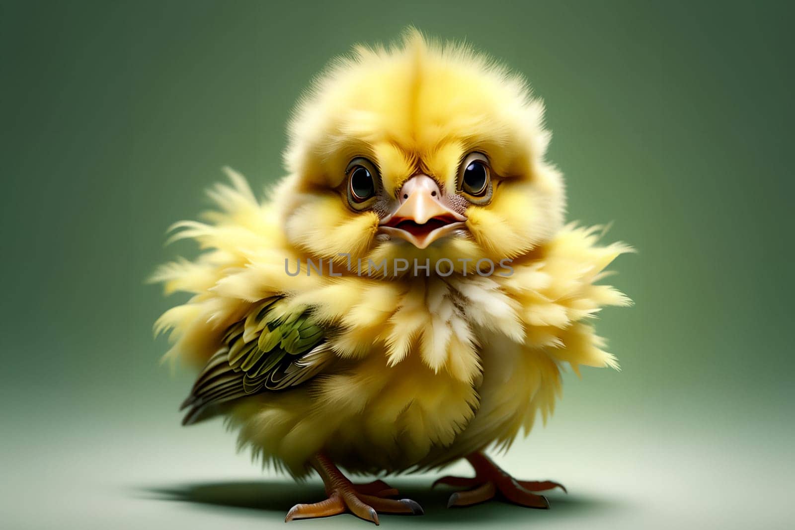 cute yellow chicken on green background . AI generated image.
