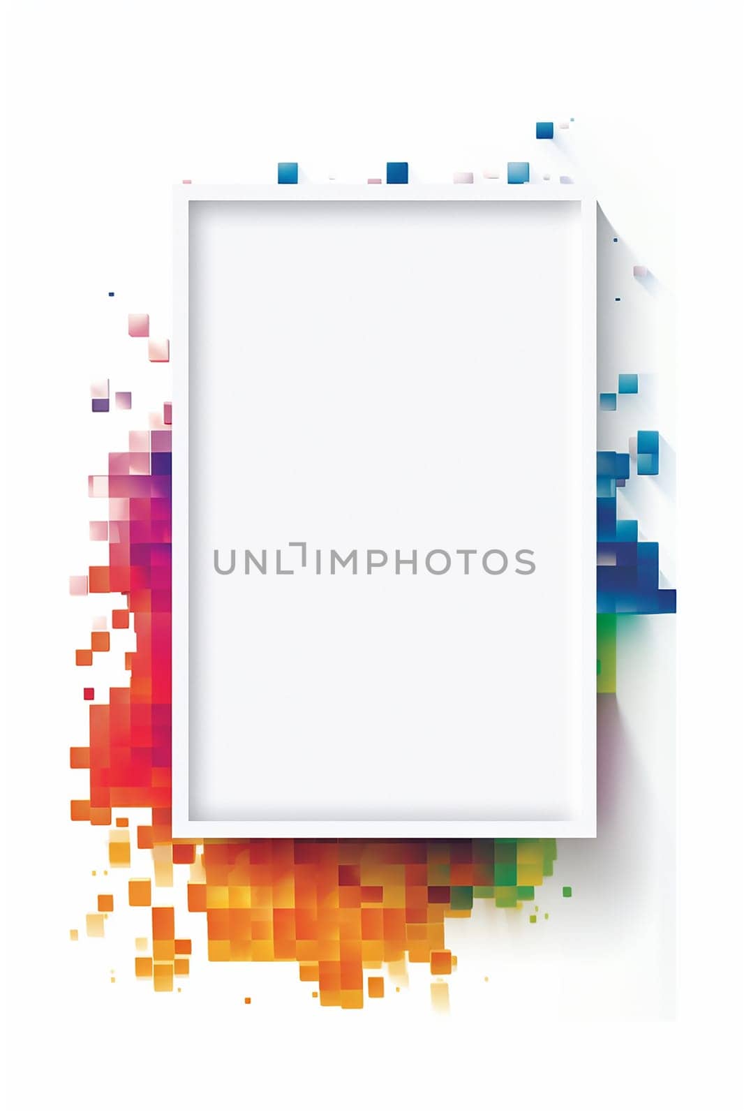 Abstract colorful pixel dispersion effect on a white square frame.