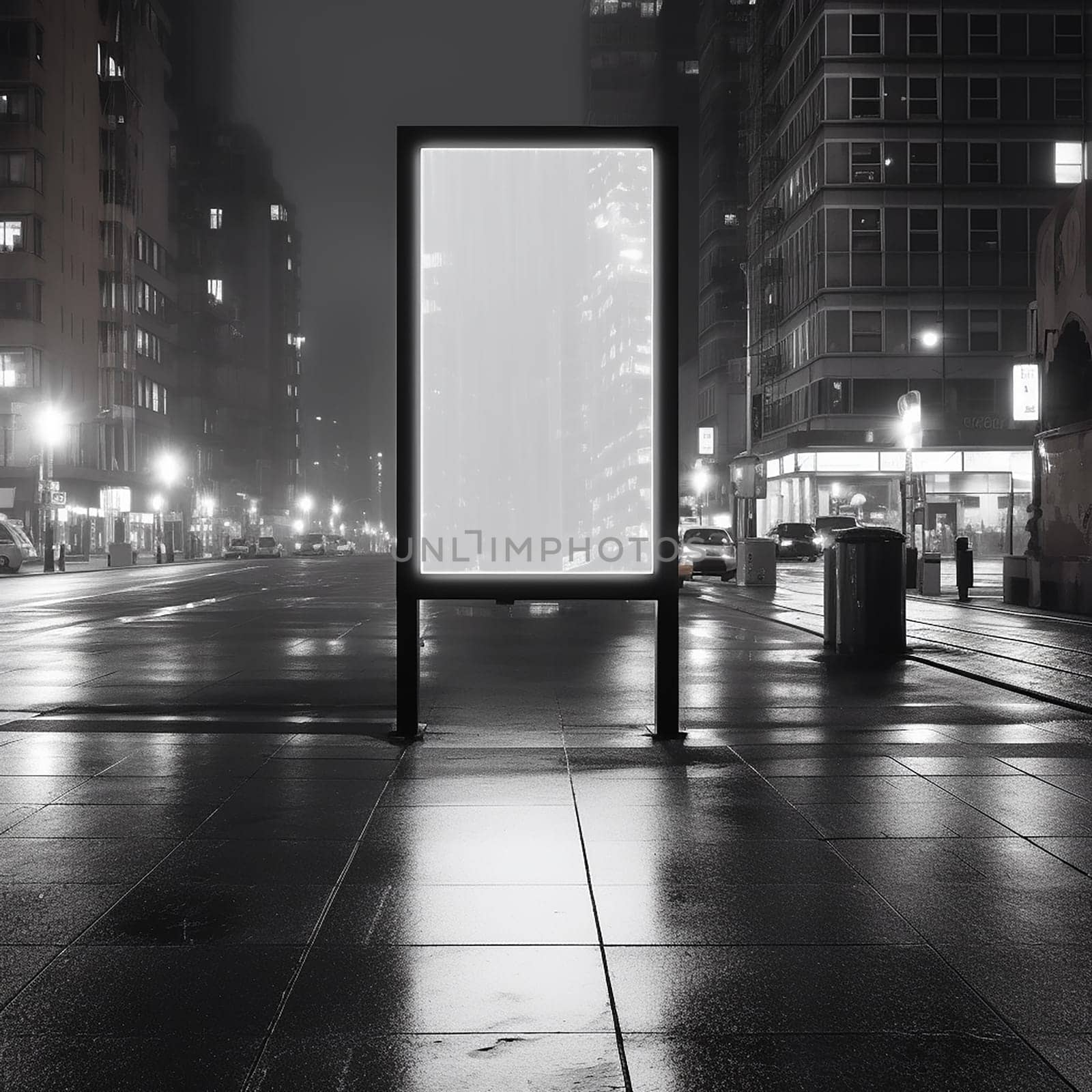 Empty billboard mock up on a misty, illuminated city street at night. by Hype2art