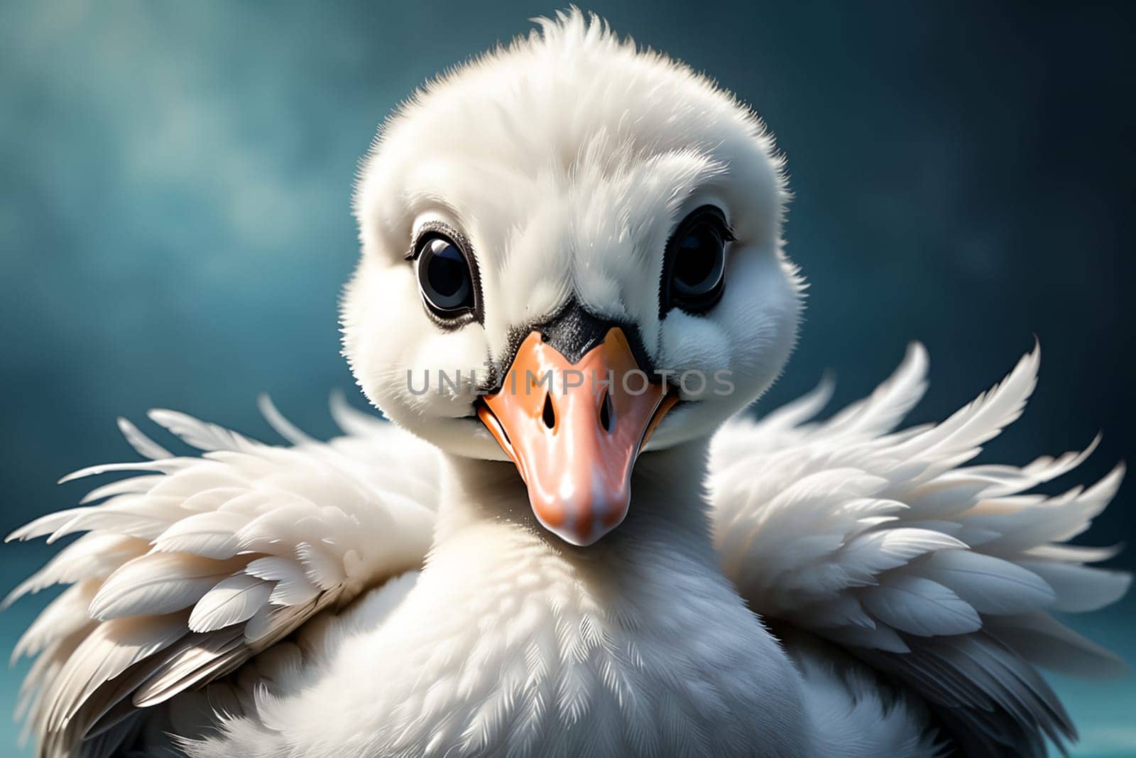 Cute little swan in the environment. AI generated image.
