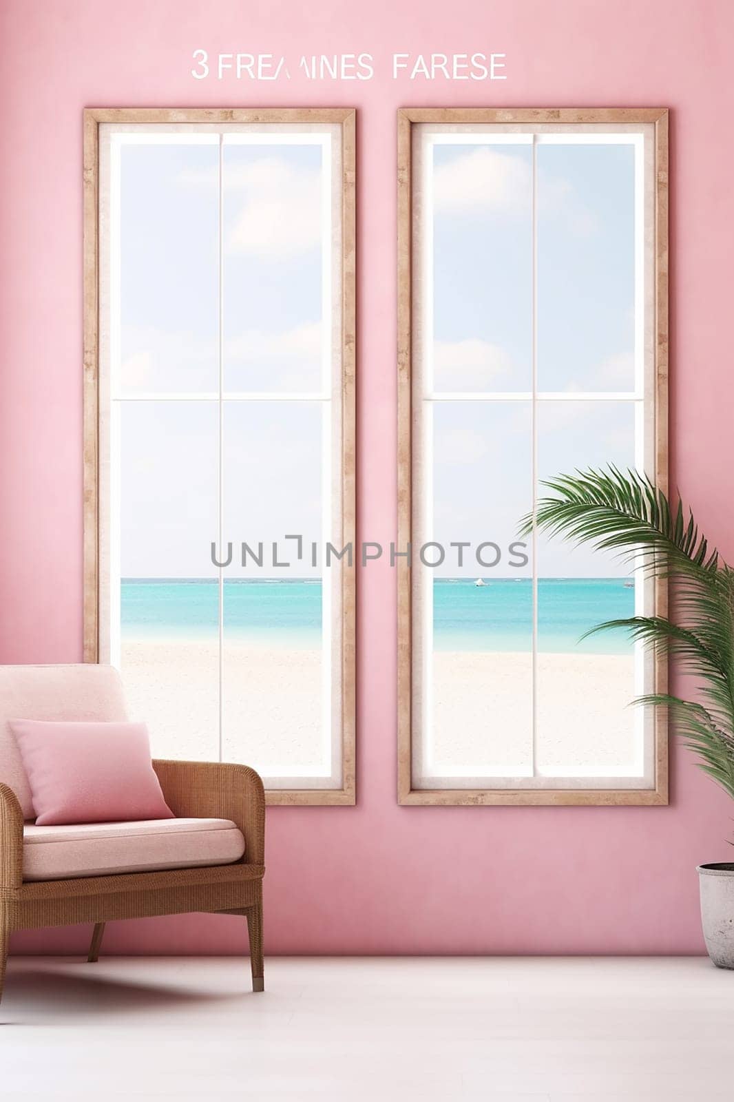 Minimalist interior with an armchair and ocean view through windows.