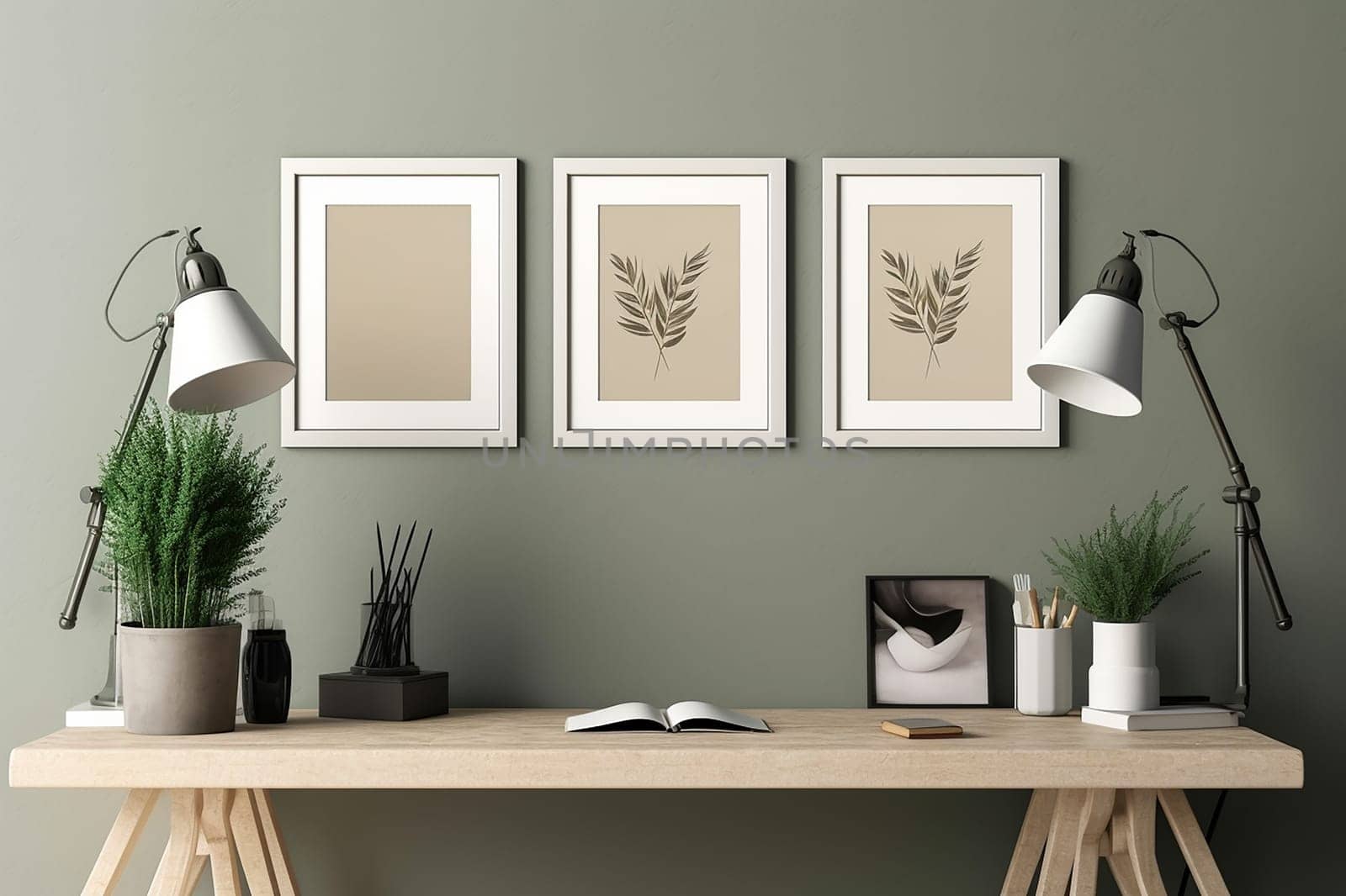 Three framed botanical prints above a neat workspace with plants and books