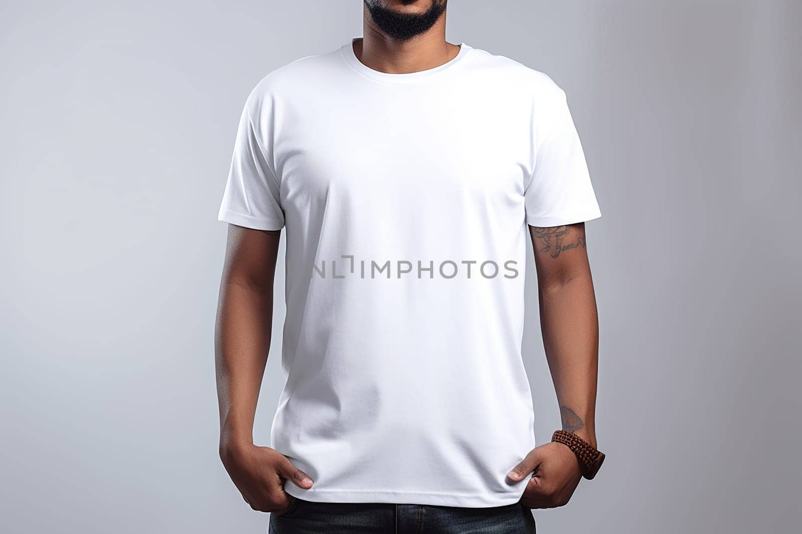 A mock up with a person wearing a plain white t-shirt stands against a grey background. by Hype2art