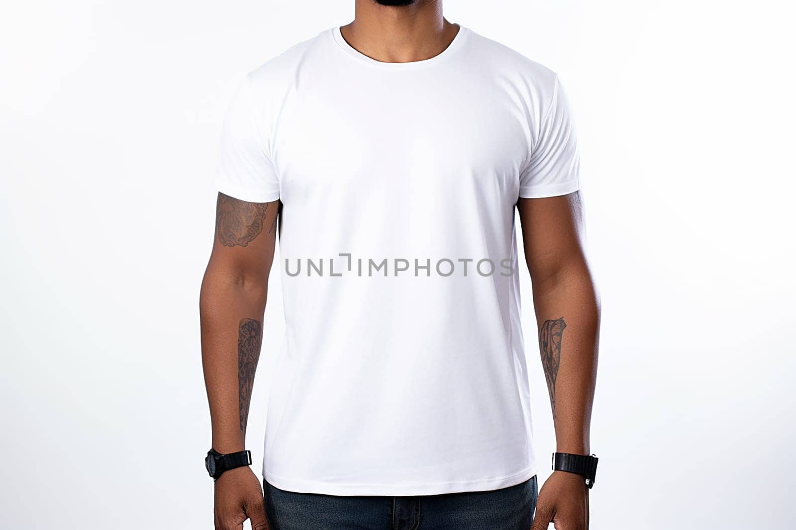 A mock up with a Person in a blank white t-shirt suitable for casual wear or branding by Hype2art