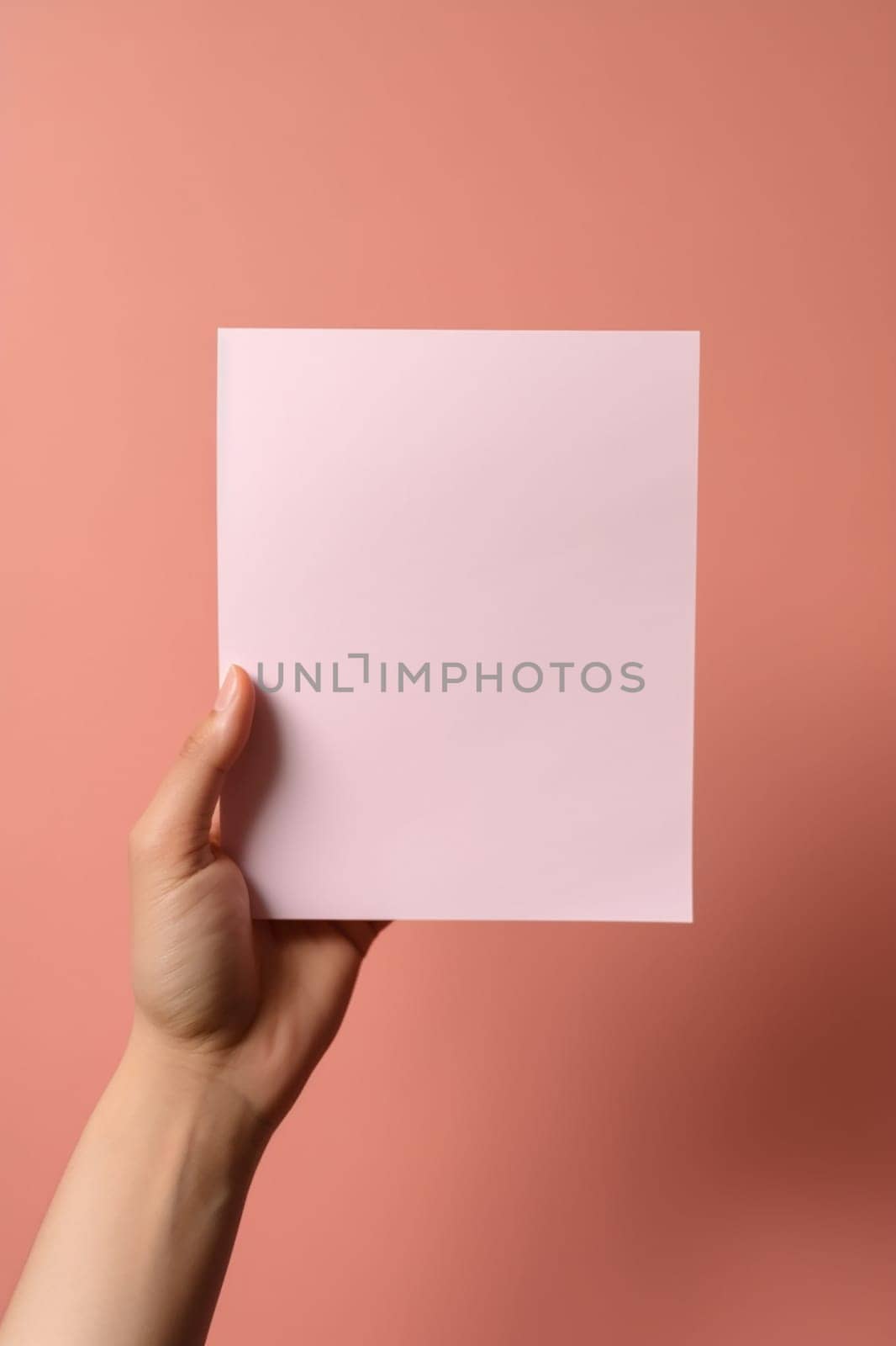 A hand holding a blank pink square paper against a pink background.