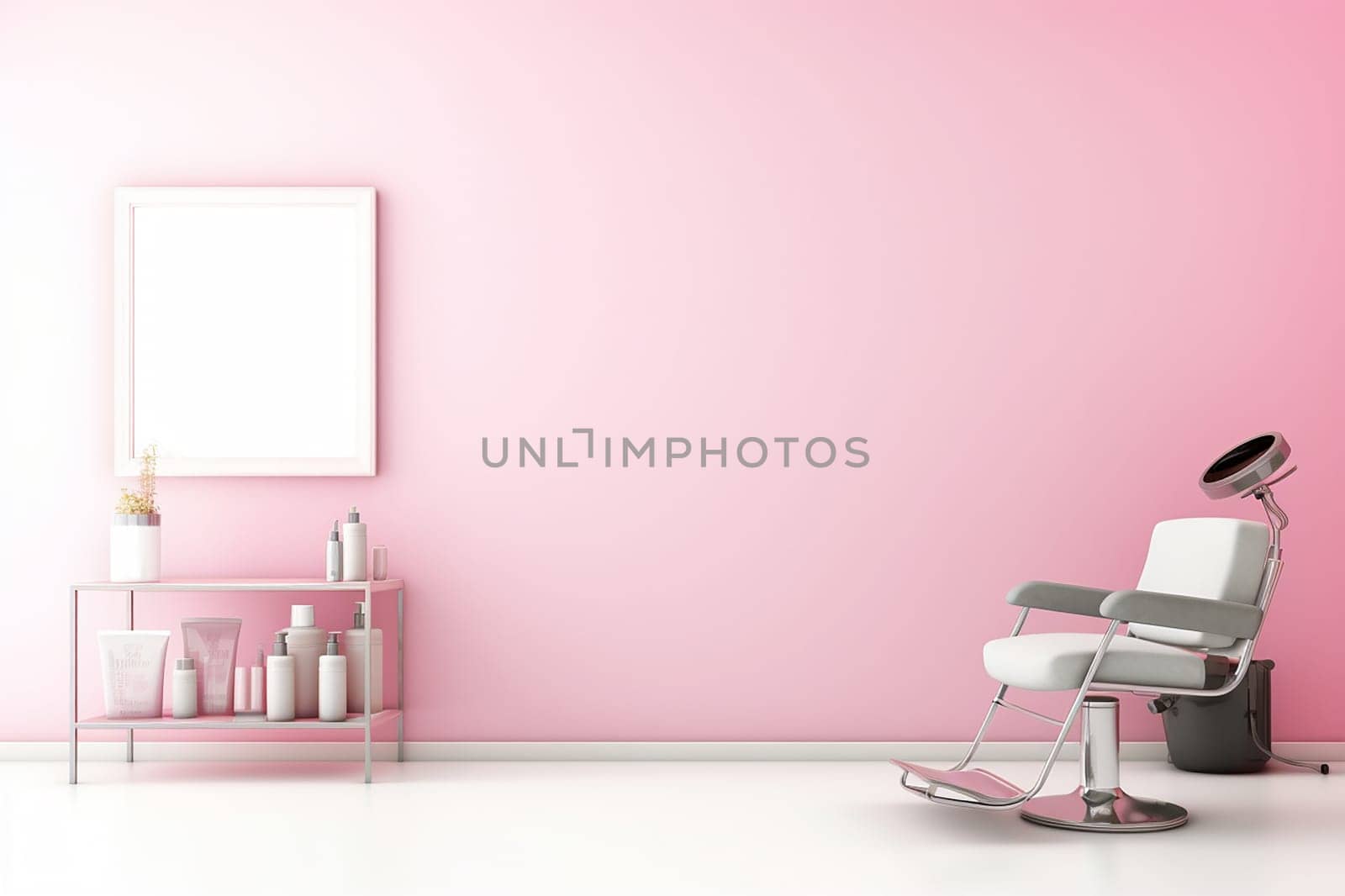 Modern salon interior with chair, table, and beauty products on pink wall background.