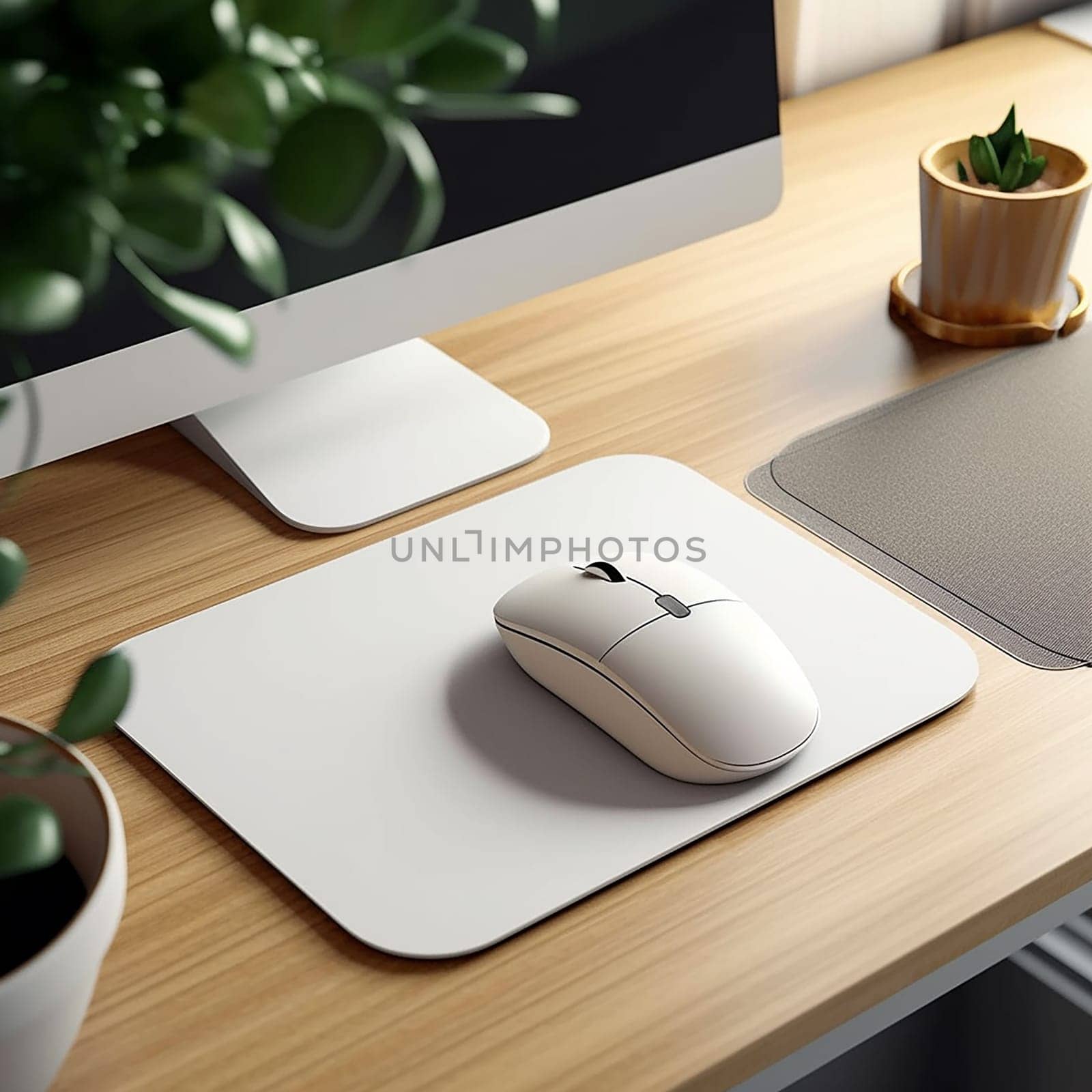 A modern, clean work space with a stylish wireless mouse and plant by Hype2art