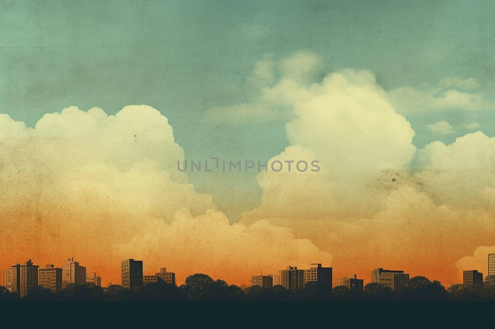 Illustration of an urban skyline against a backdrop of large, fluffy clouds at sunset or sunrise.
