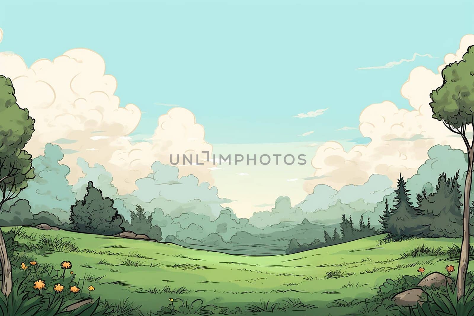 Lush green meadow with trees under a cloudy sky, a tranquil nature scene. by Hype2art