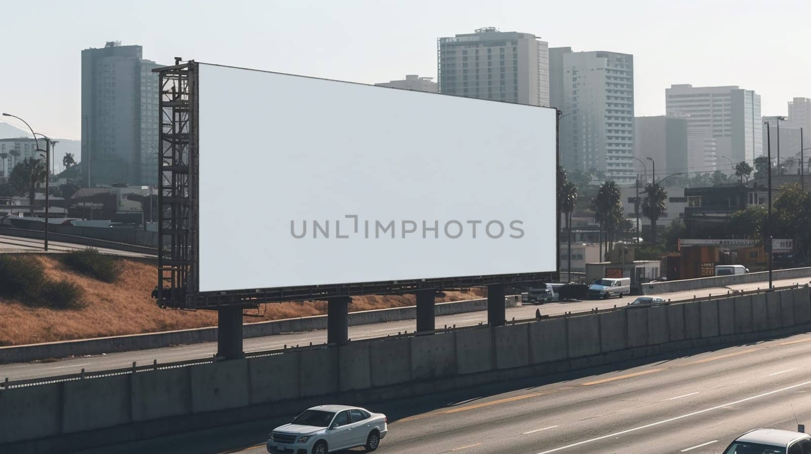 Blank billboard beside highway with city buildings in background.