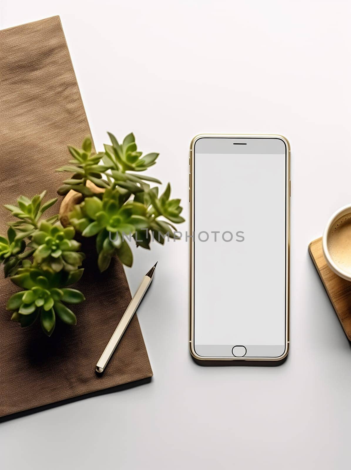 Smartphone on a desk, website mock up, with plant, notebook, and pencil by Hype2art