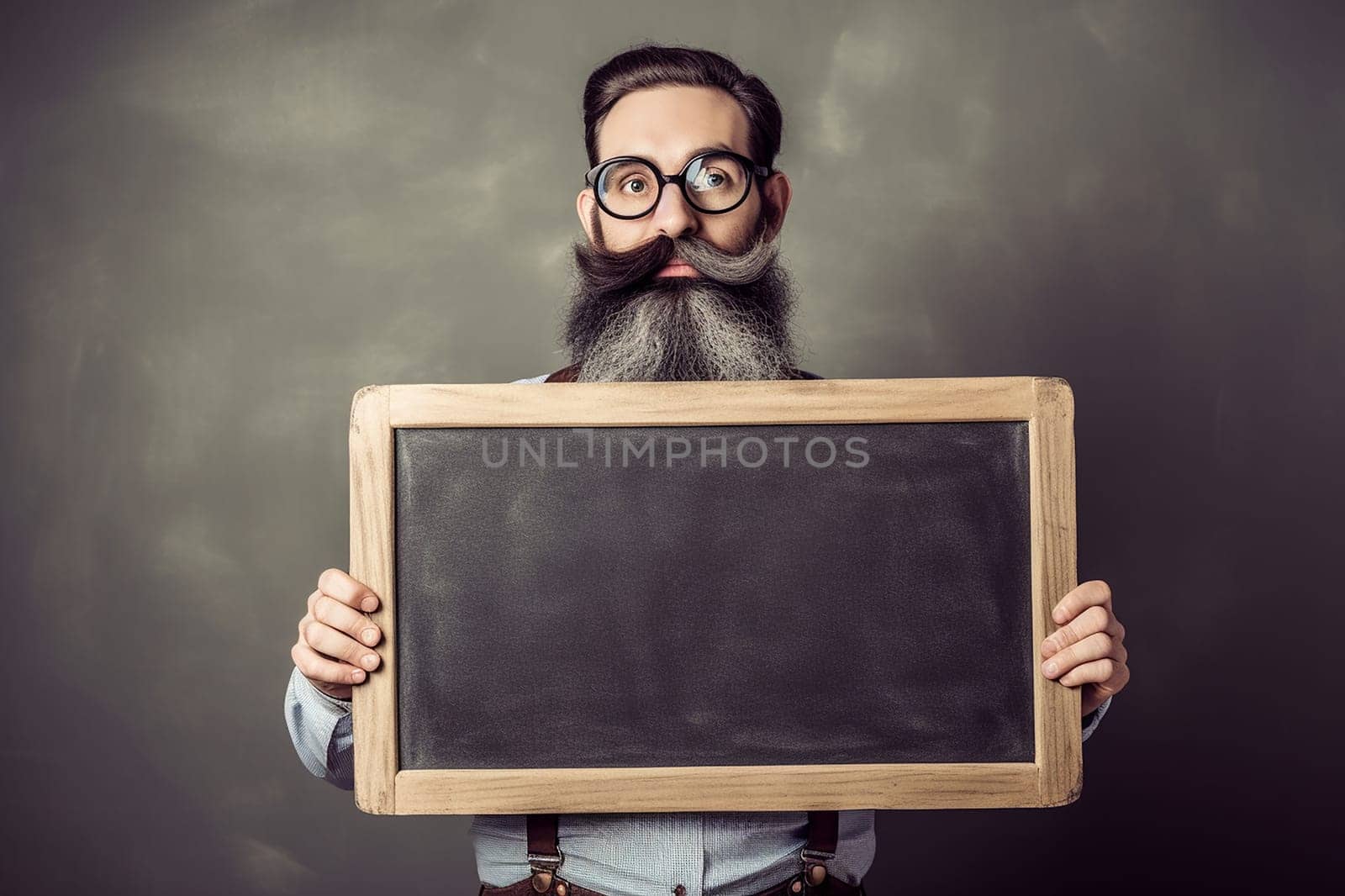 Man with a large spiral beard holding a blank chalkboard