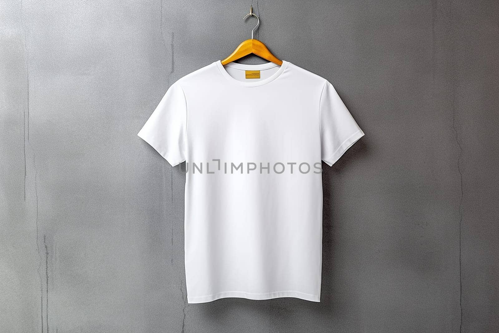 White T-shirt mock up hanging on a yellow hanger against a gray wall by Hype2art