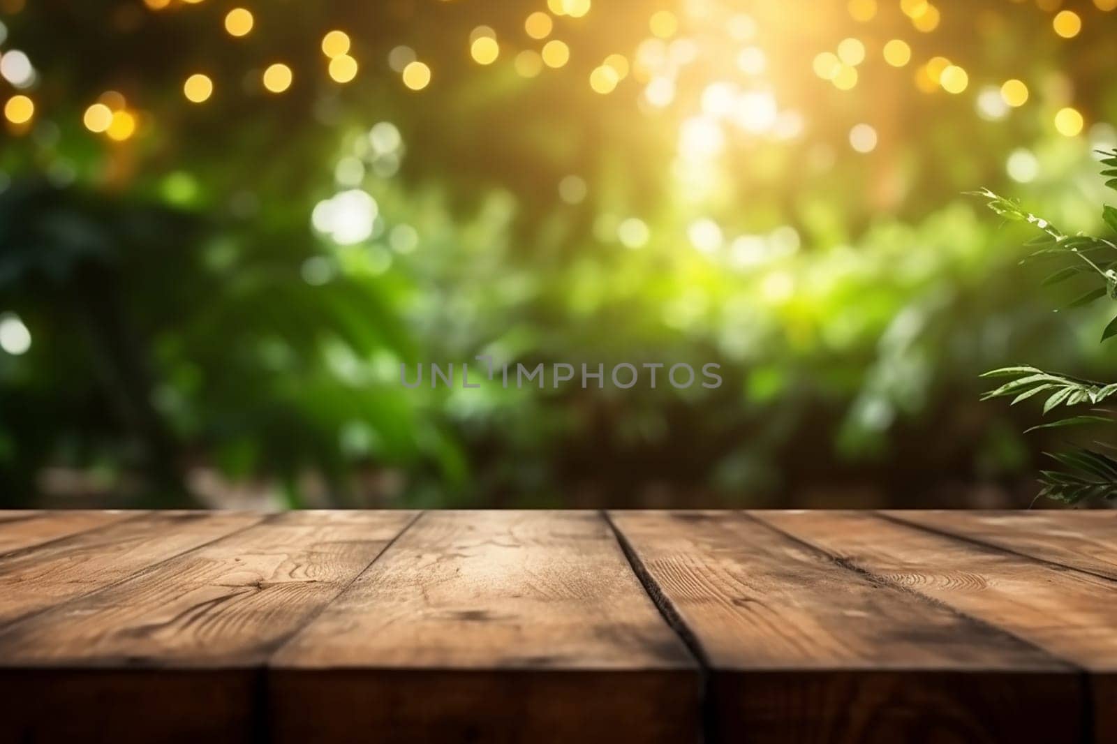 Empty wooden deck table with blurred green nature and bokeh lights in background by Hype2art