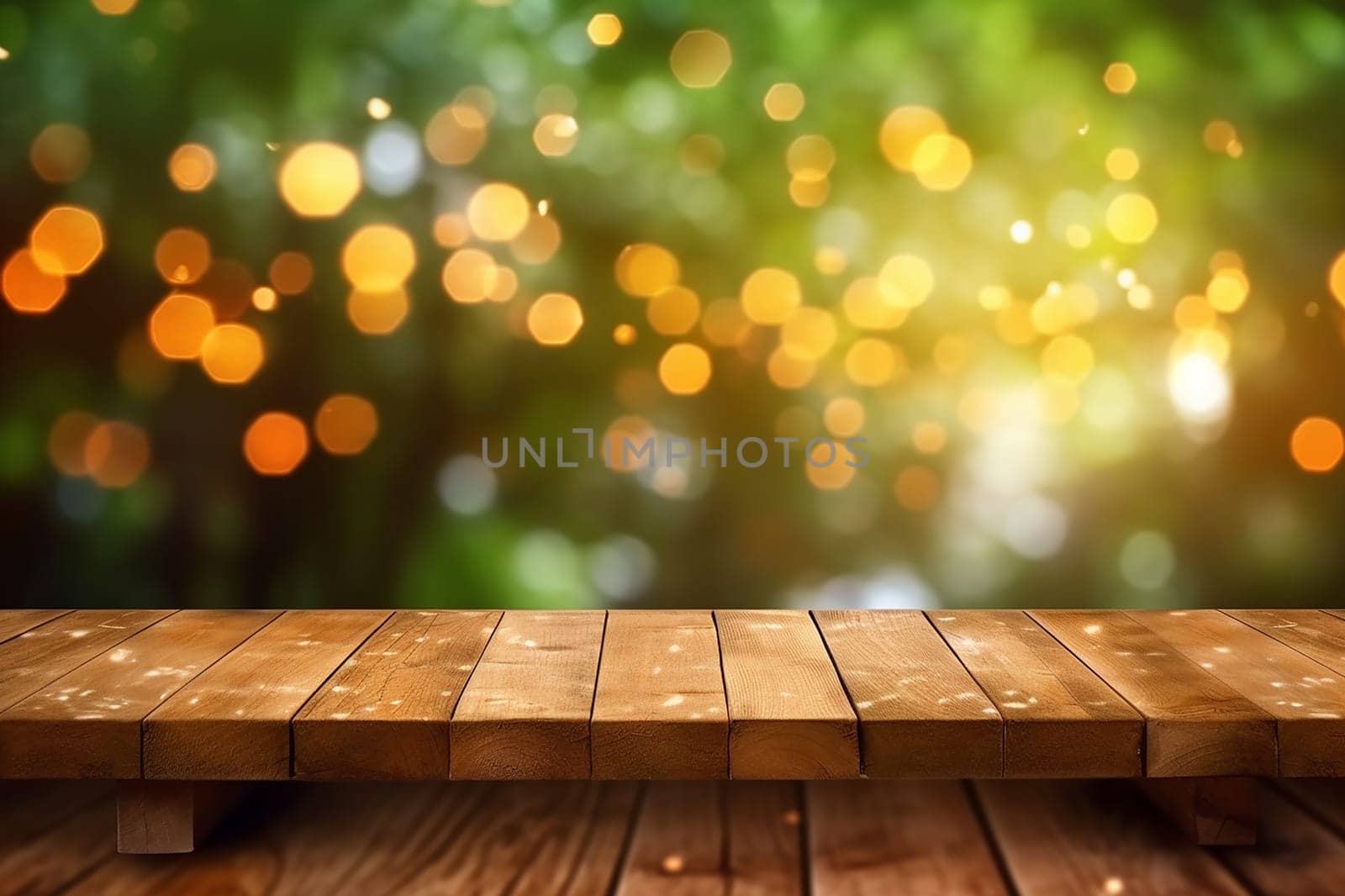 Empty wooden table with sparkling bokeh lights and blurred green background by Hype2art