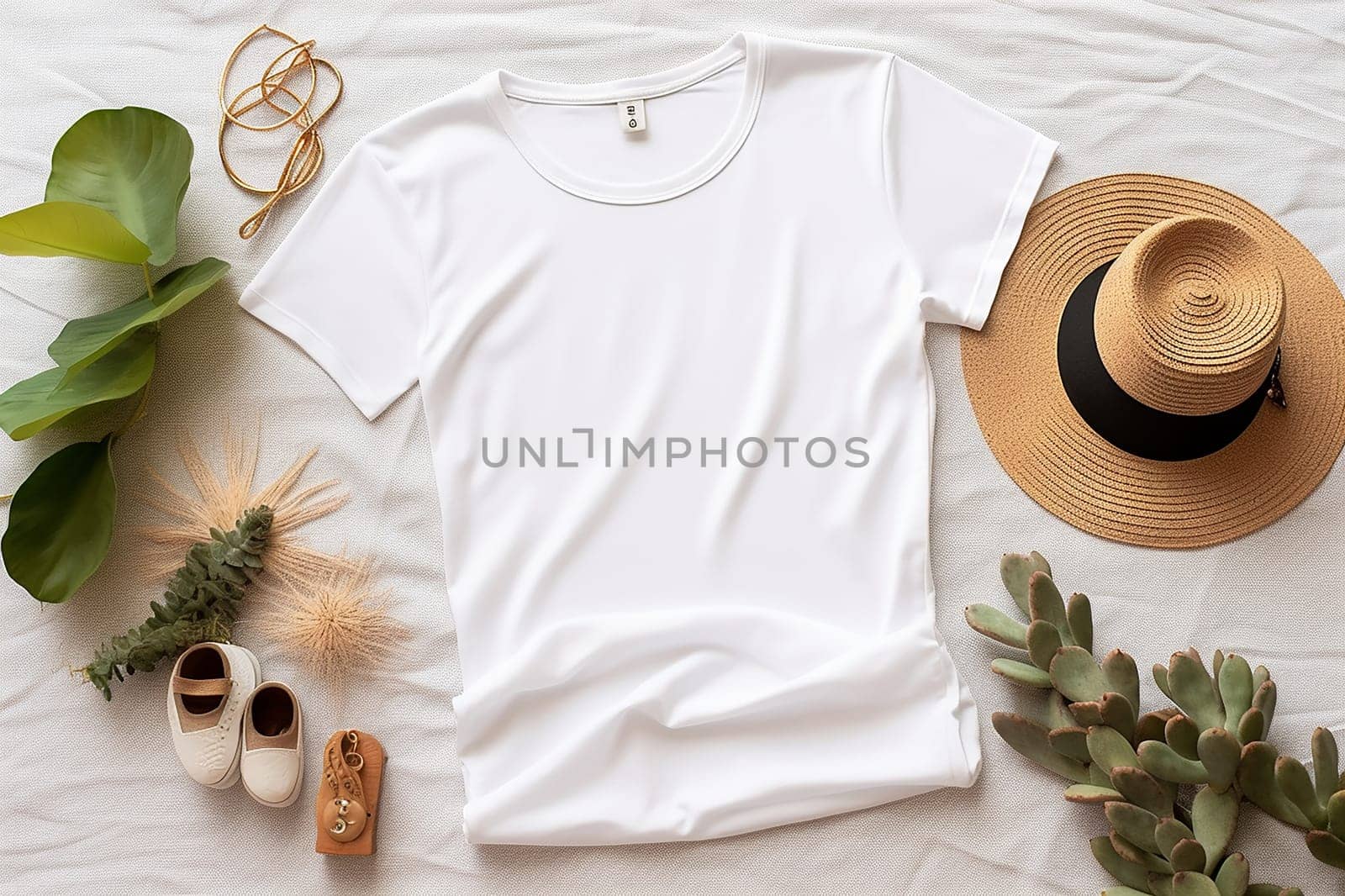 A mock up of a plain white t-shirt with accessories on a textured background. by Hype2art