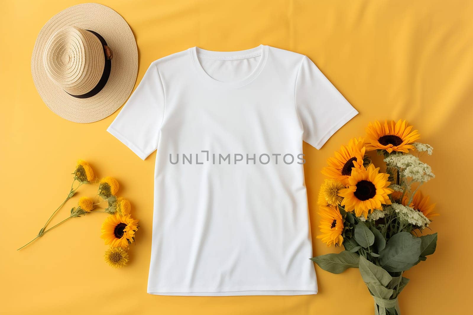 Plain white t-shirt with sunflowers and a straw hat on yellow background.