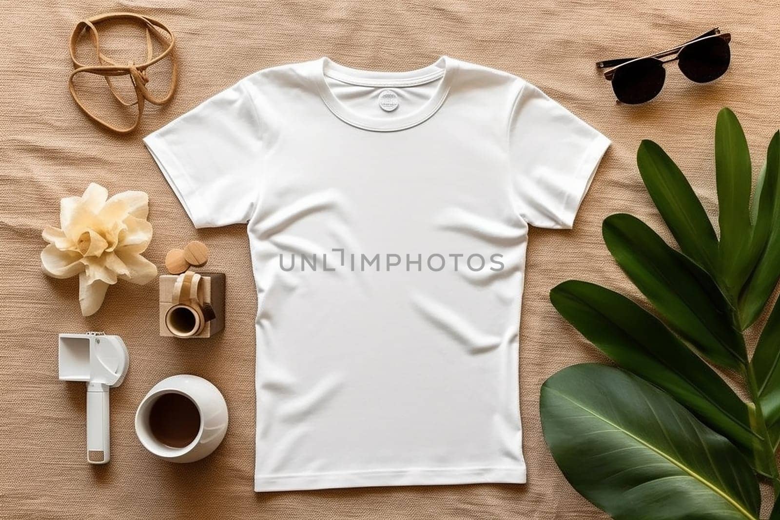 A mock up of a plain white t-shirt laid out with accessories and plants. by Hype2art
