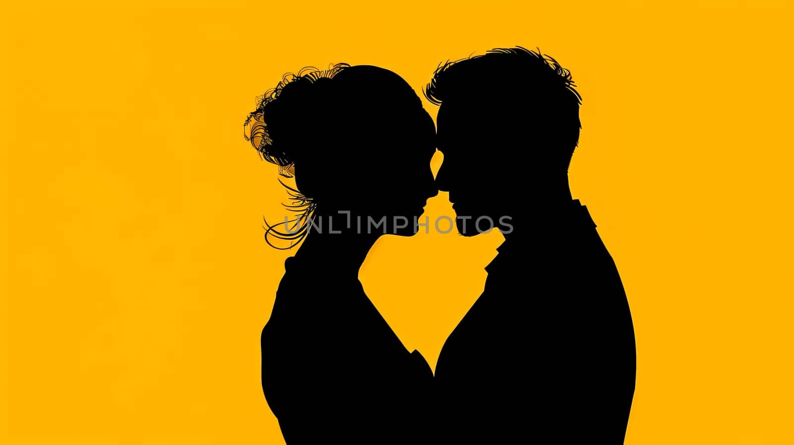 Black silhouette of a loving couple about to kiss, isolated on a vibrant yellow backdrop