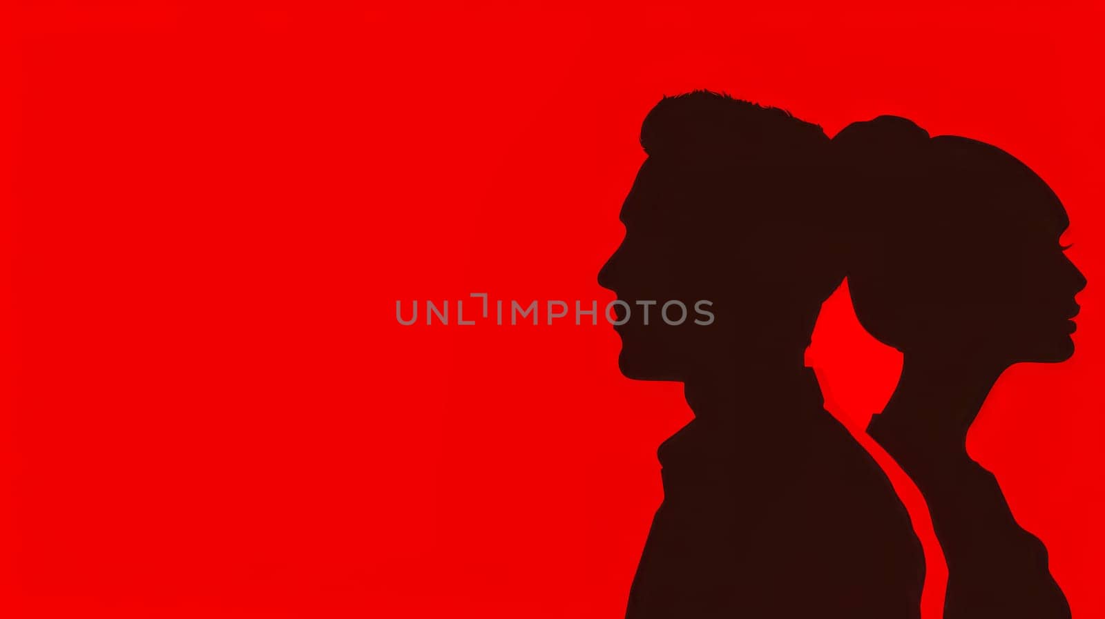 Silhouetted profile of man and woman against red background by Edophoto