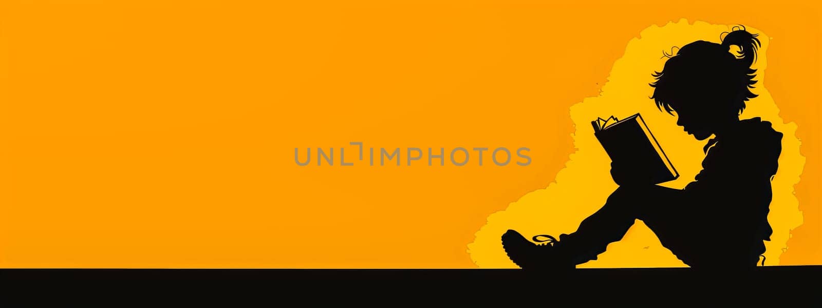 Child reading silhouette against orange background by Edophoto