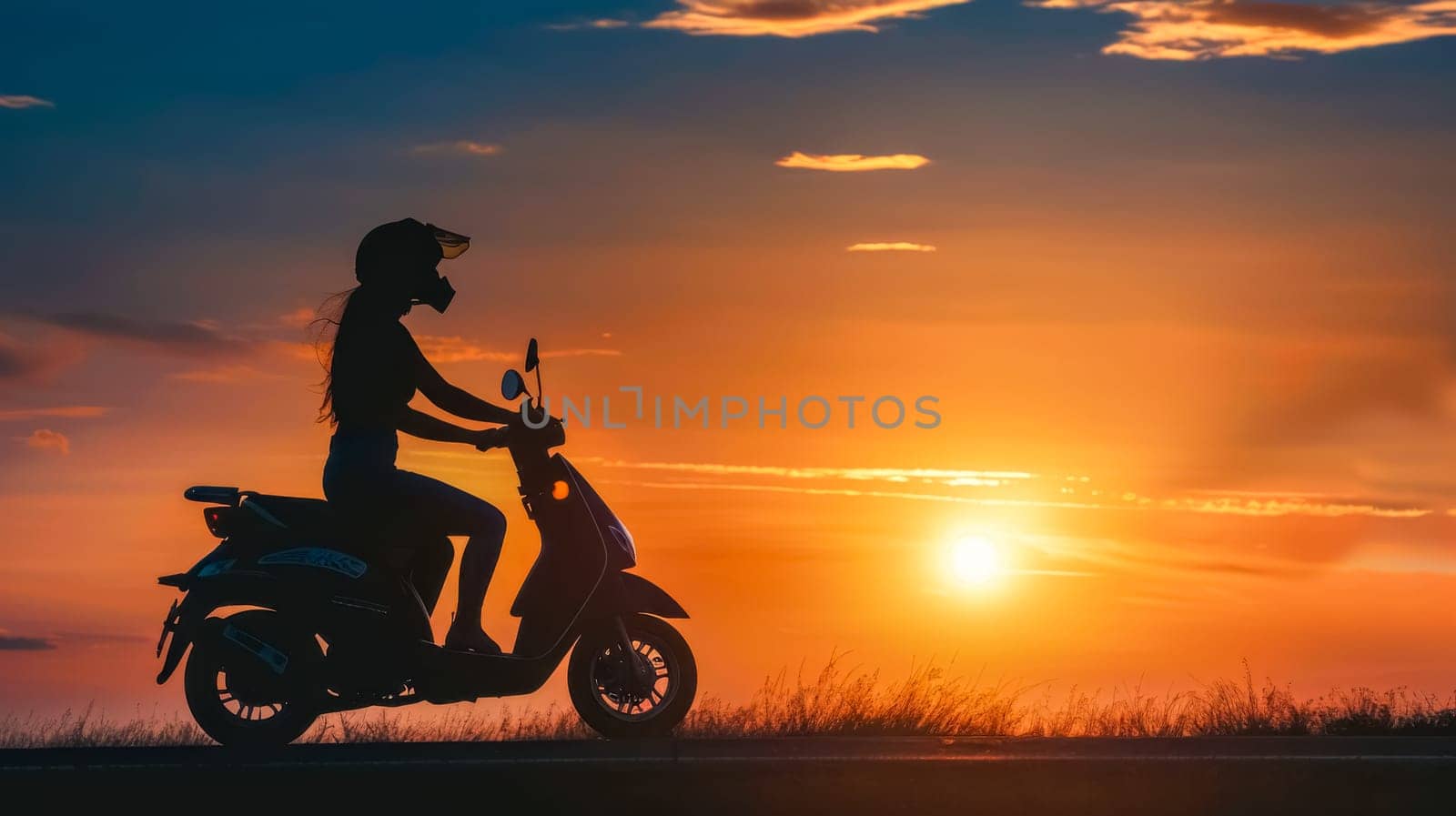 Woman enjoys a ride on her scooter against the colorful backdrop of a sunset sky