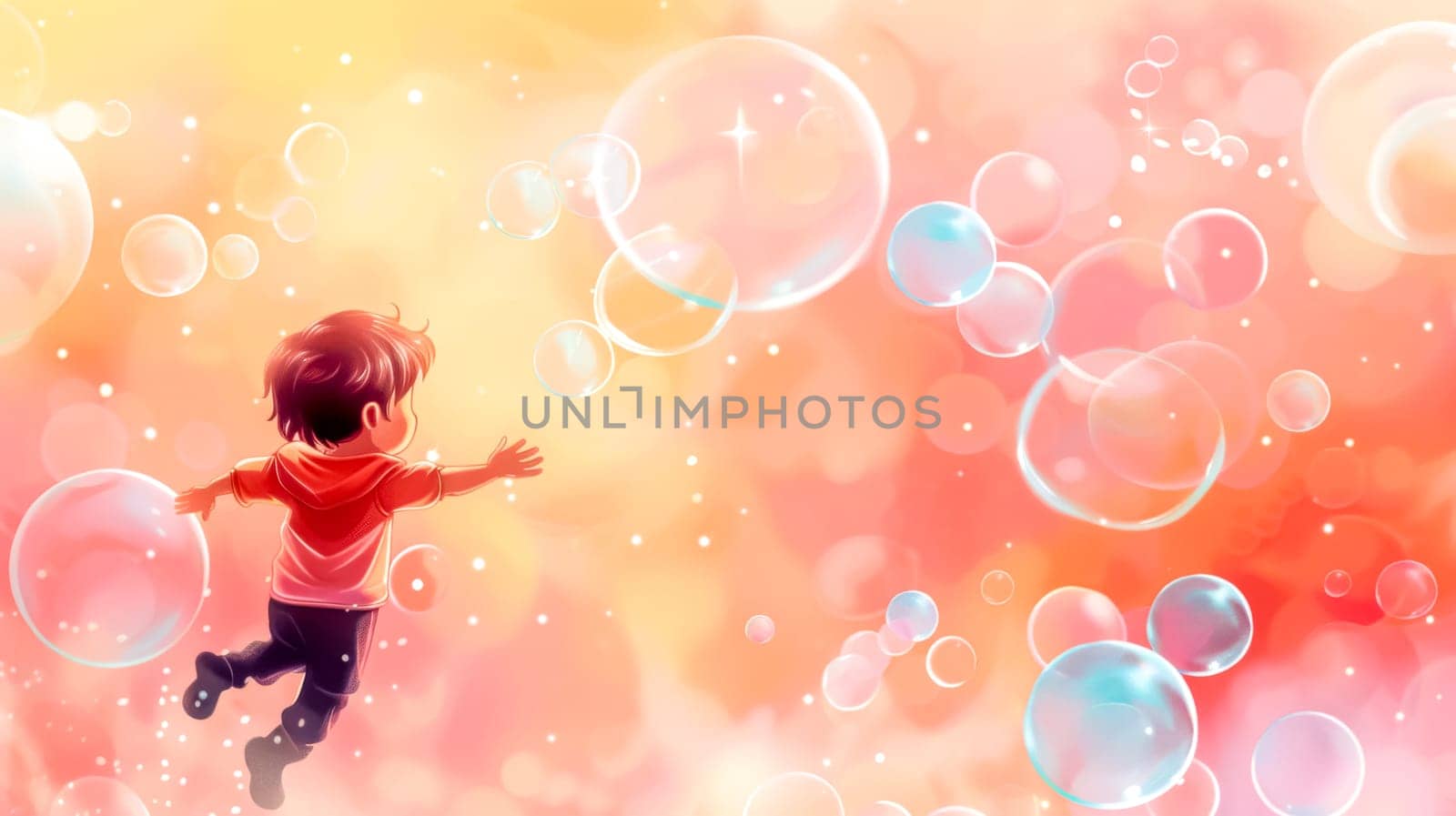 Vibrant illustration of a young child chasing bubbles in a dreamy, colorful setting