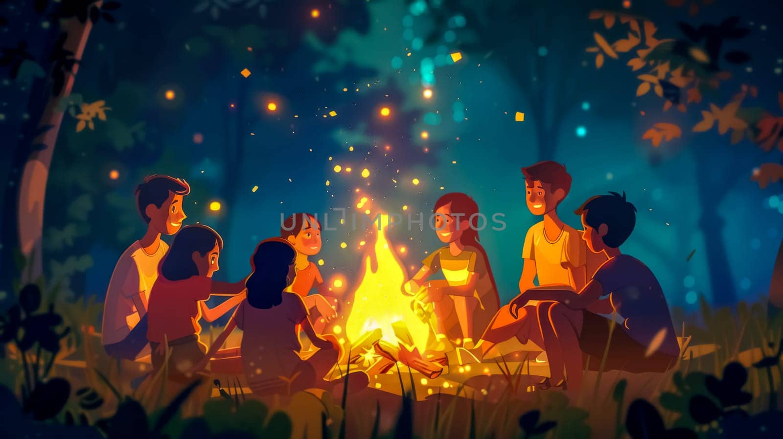 Gathering with friends around an enchanted campfire in the magical forest. Illuminated by luminescent fireflies. Enjoying a night of animated storytelling. Bonding. And togetherness in the outdoors