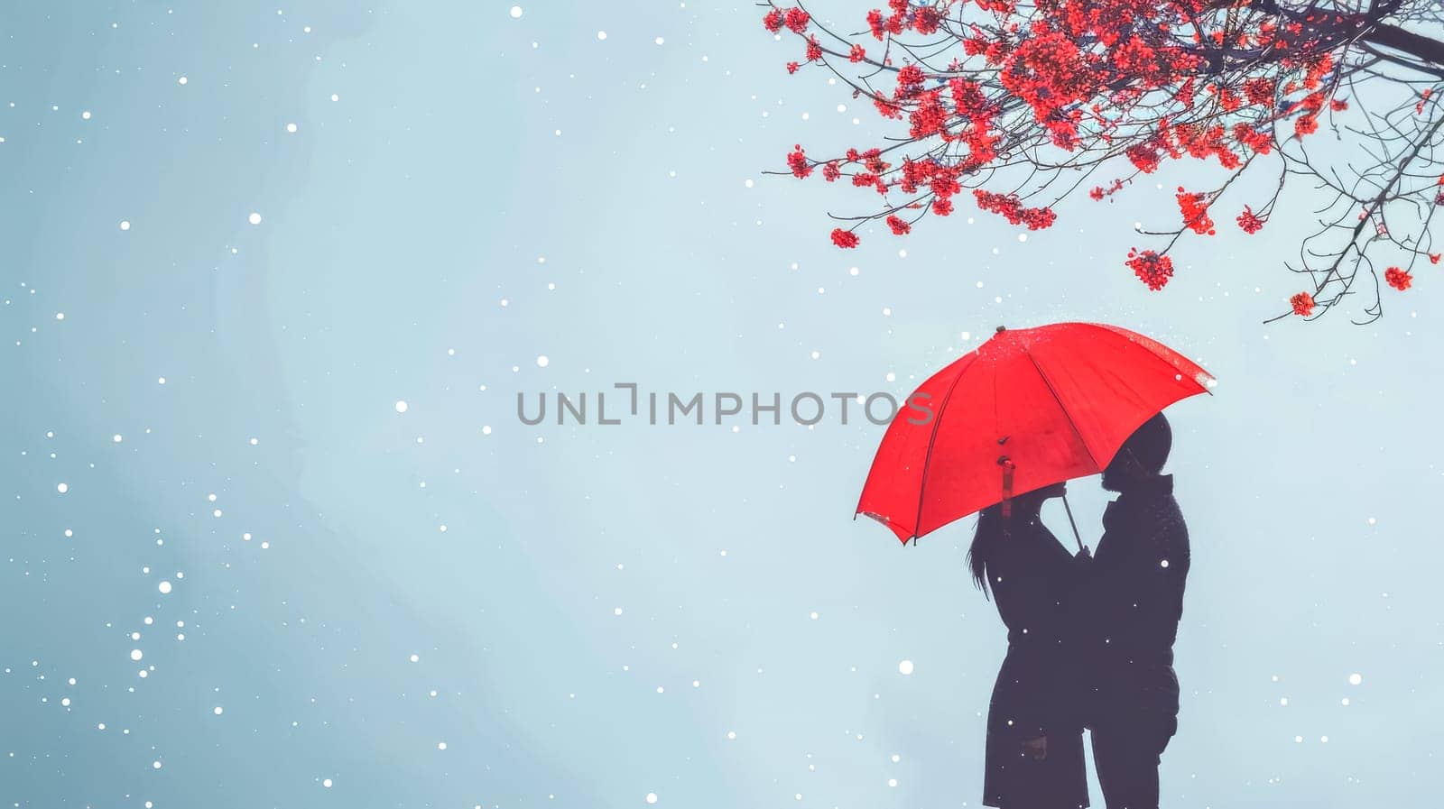 Silhouette of a person under a bright red umbrella against snowy backdrop with red berries
