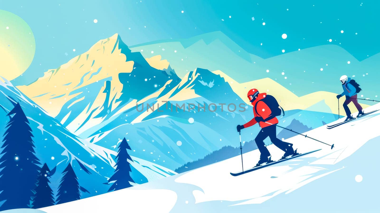 Vibrant illustration of skiers gliding down a snowy mountain landscape, imbued with a sense of motion and excitement