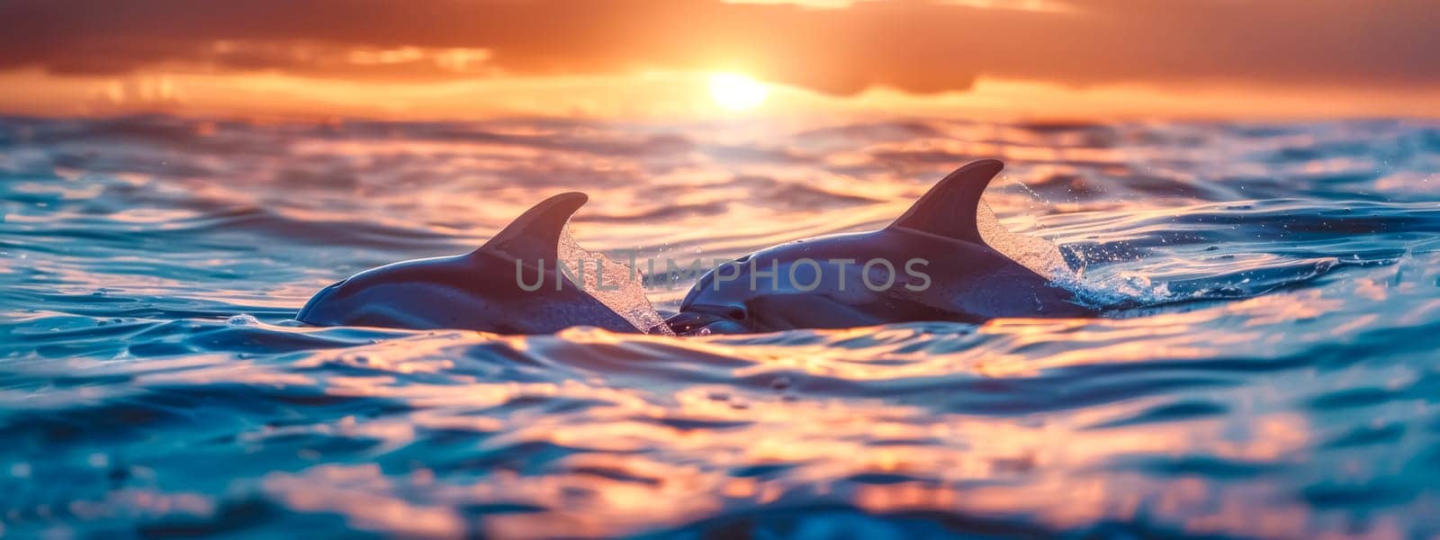 Two dolphins emerge at sunset, with golden light reflecting off the ocean's surface