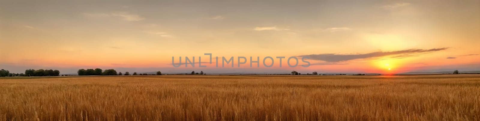 Tranquility of a vast wheat field at sunset, with the warm tones of the sky mirroring the golden hues of the ripe crops