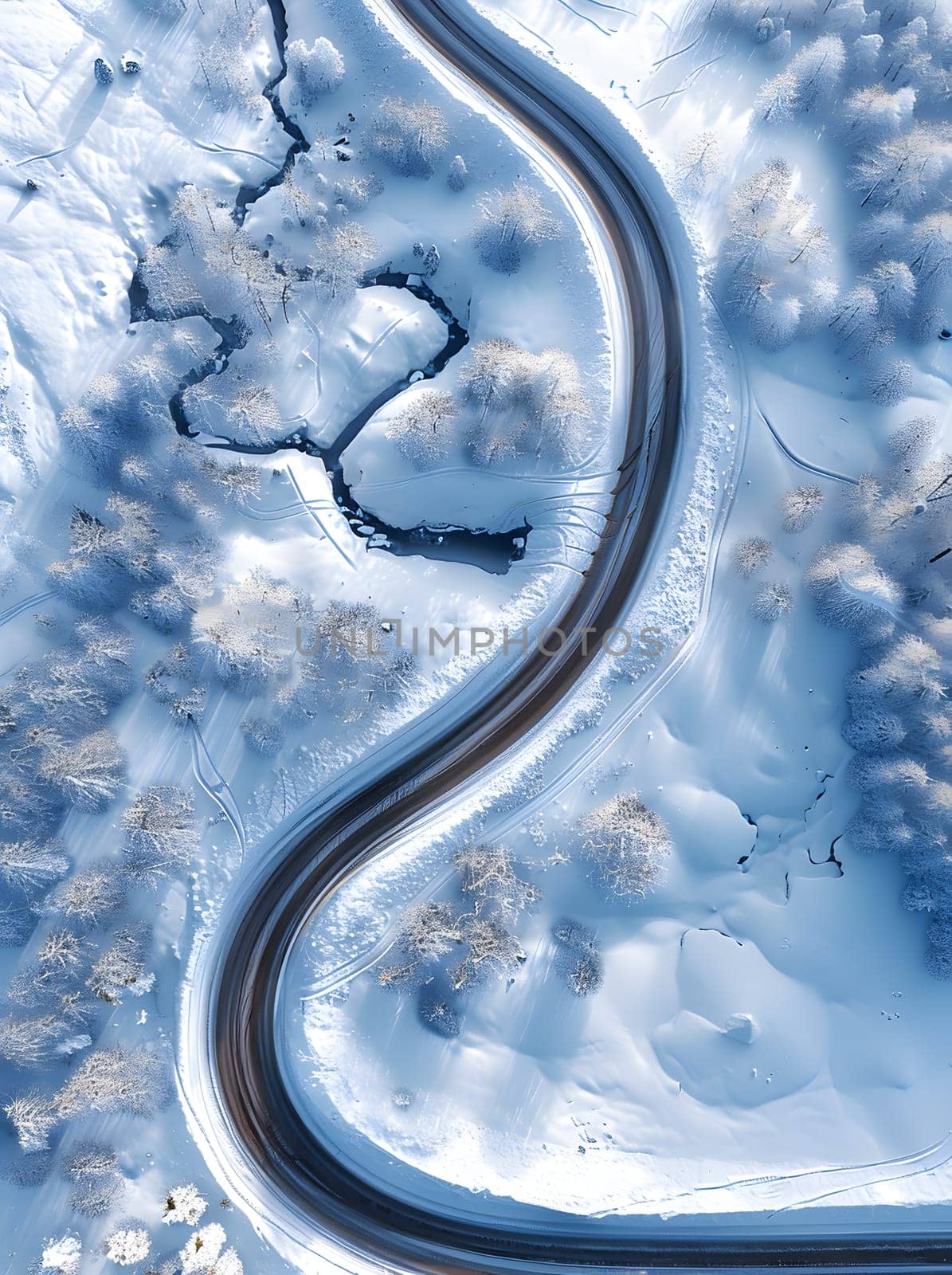 An electric blue pattern of winding road in snow seen from above resembles a circle rim on a vehicle door, creating a beautiful landscape view