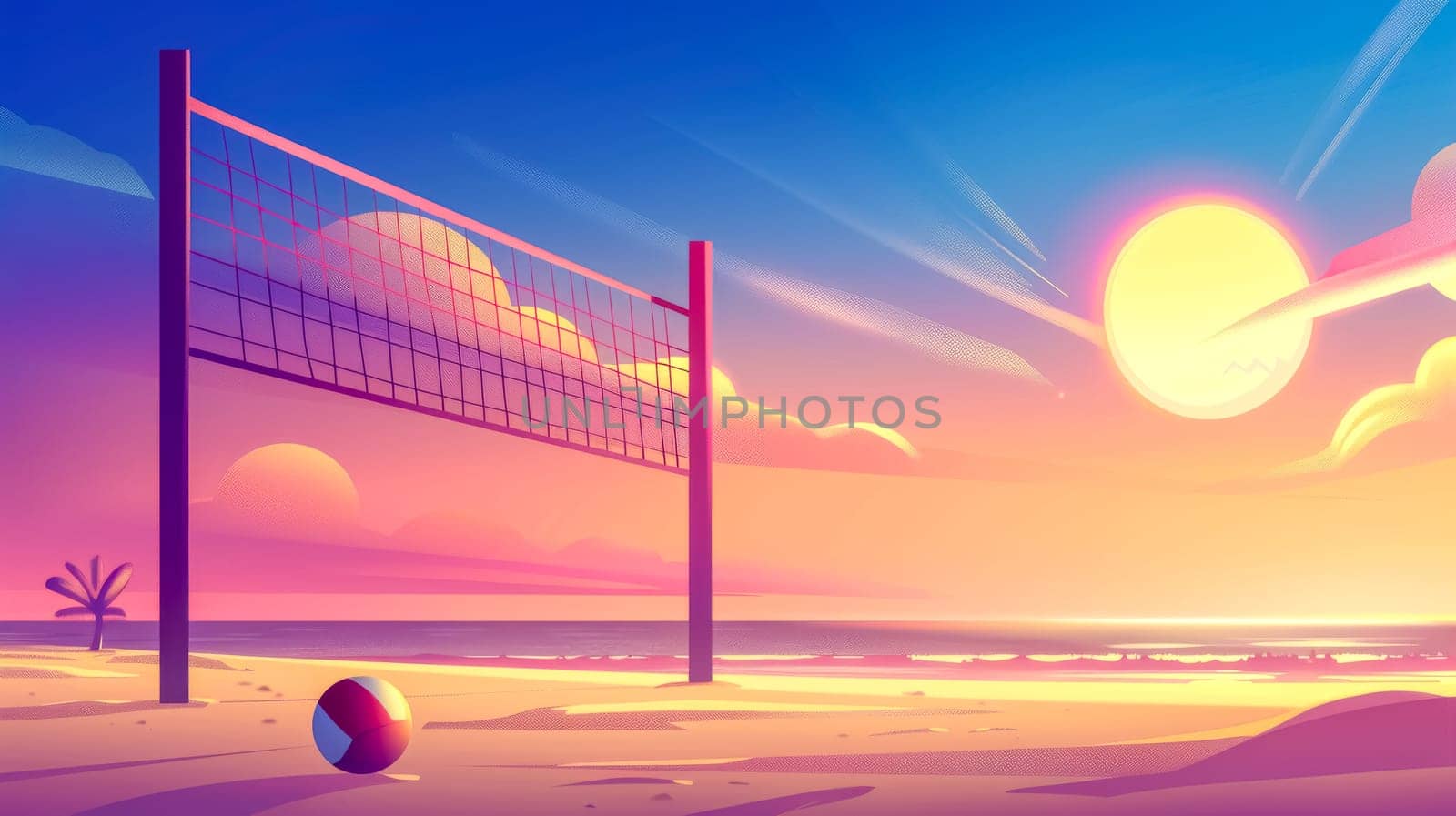 Vibrant illustration of an empty beach volleyball court at sunset, with a colorful sky and calm ocean