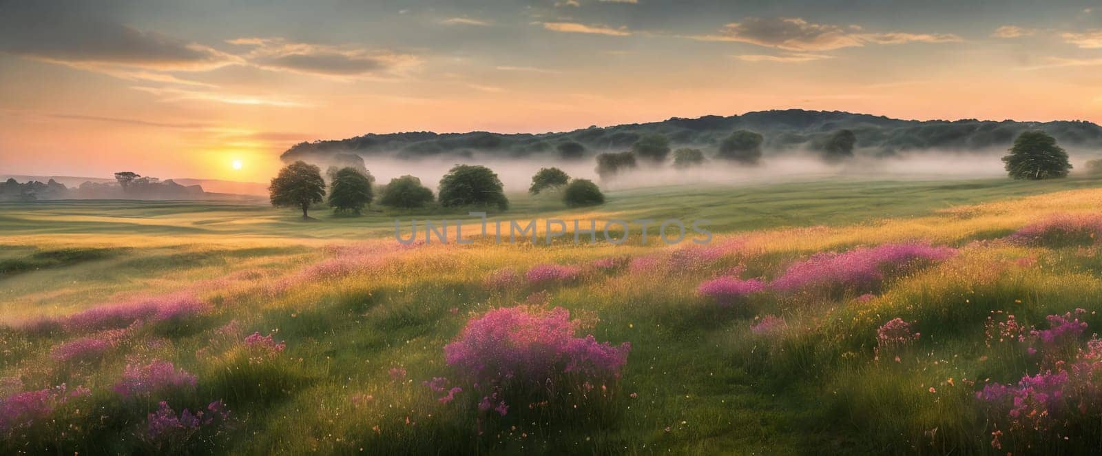 Peacefulness of a countryside meadow bathed in the soft light of dawn by GoodOlga