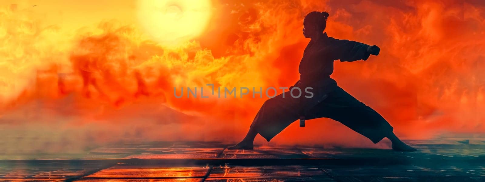 Silhouette of a martial artist practicing against a fiery sunset backdrop