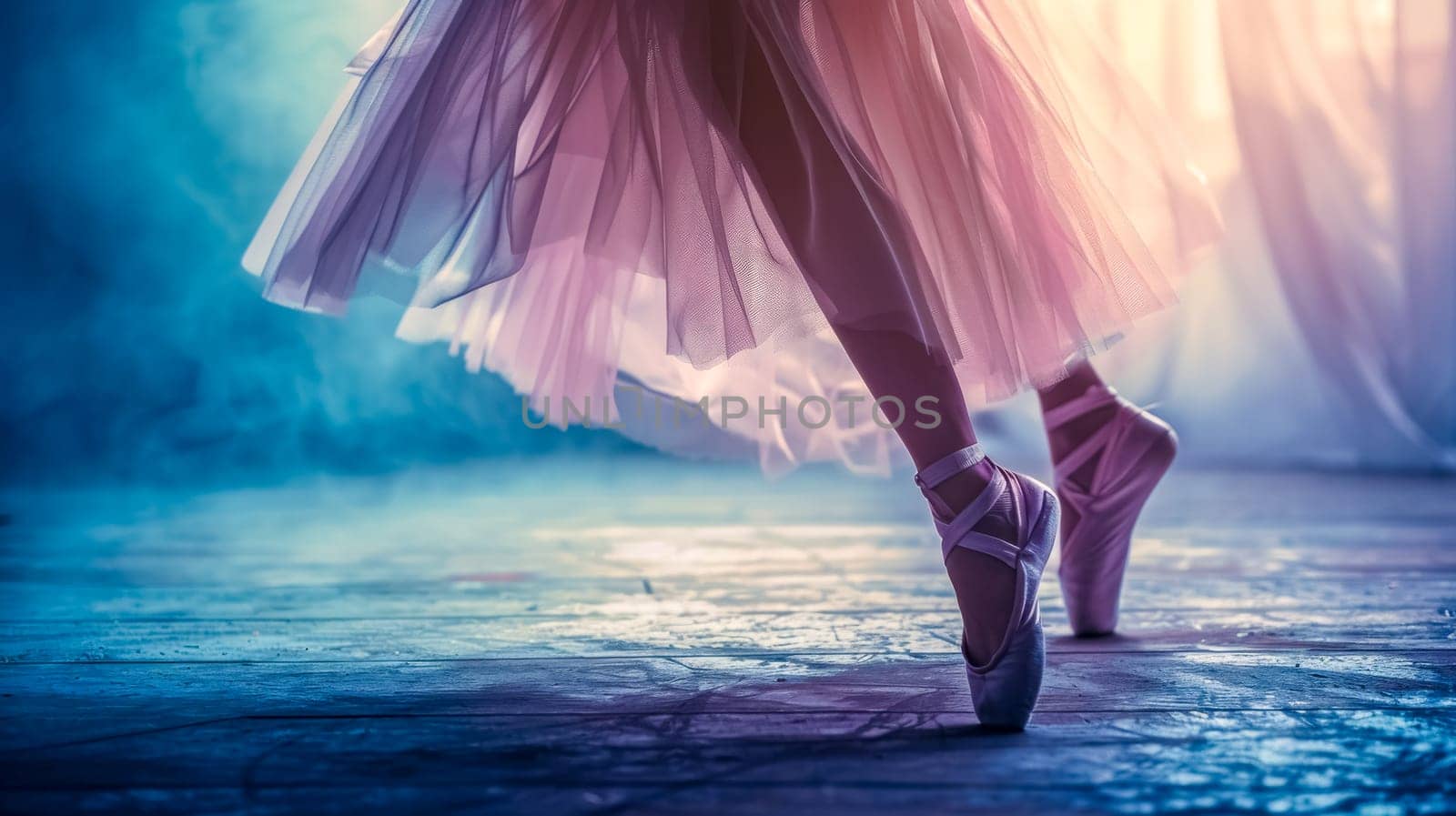 Close-up of a dancer's feet en pointe in a tutu skirt during a ballet performance