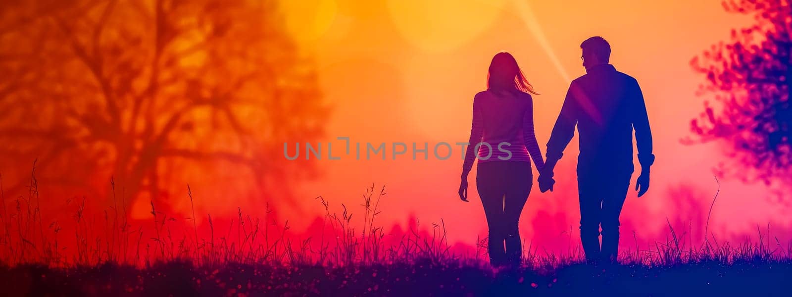 Romantic scene of a couple's silhouette against a vibrant sunset