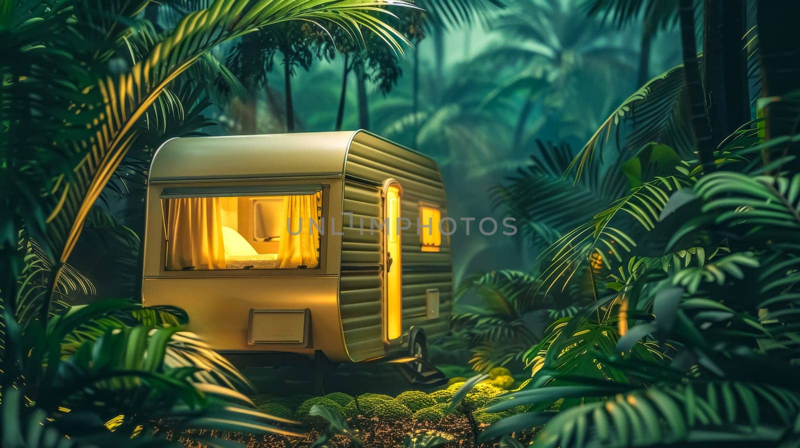 Warm light pours from a caravan nestled amid lush jungle foliage in a magical evening setting