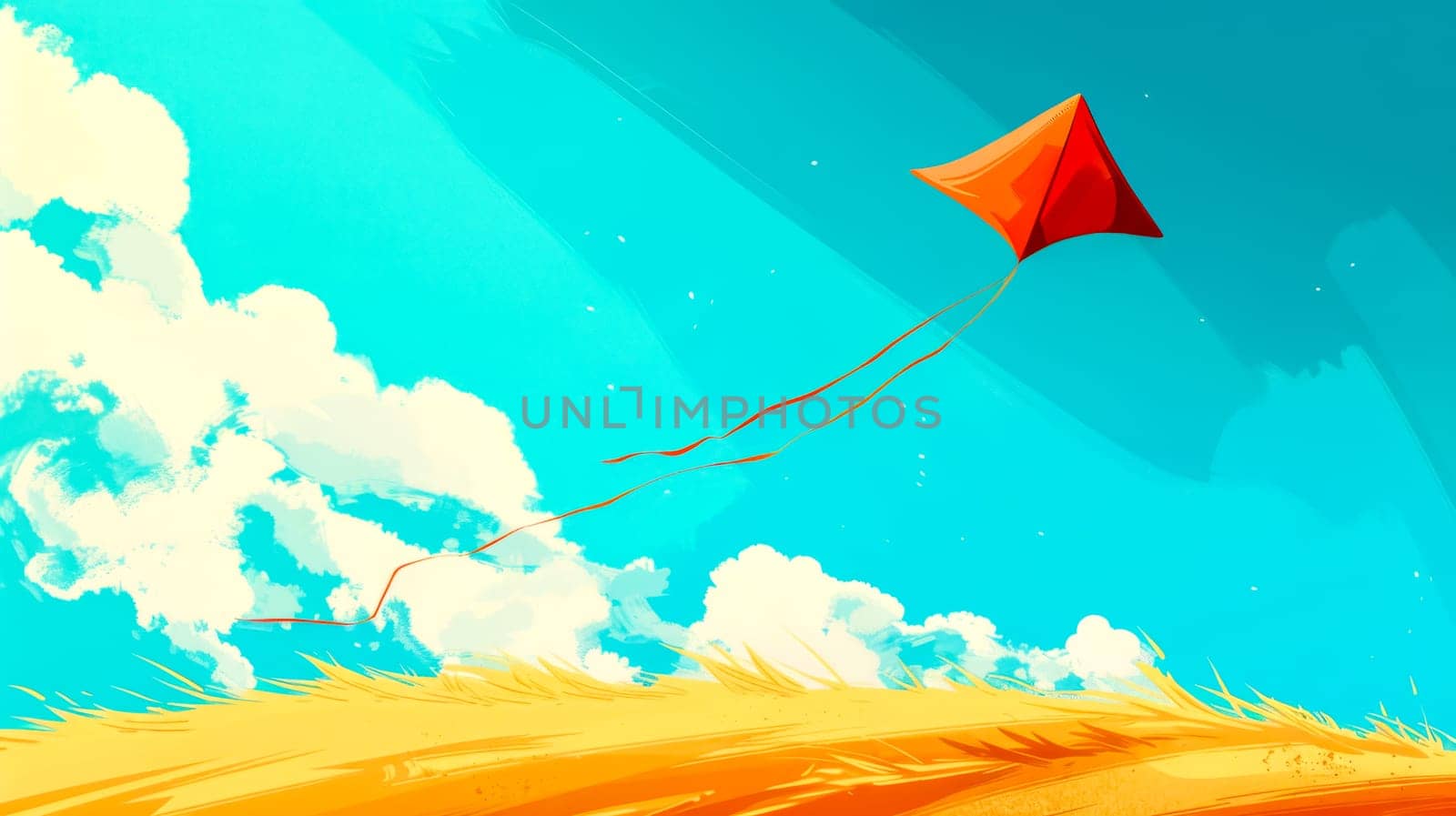 Illustration of a bright orange kite soaring in the sky with fluffy clouds