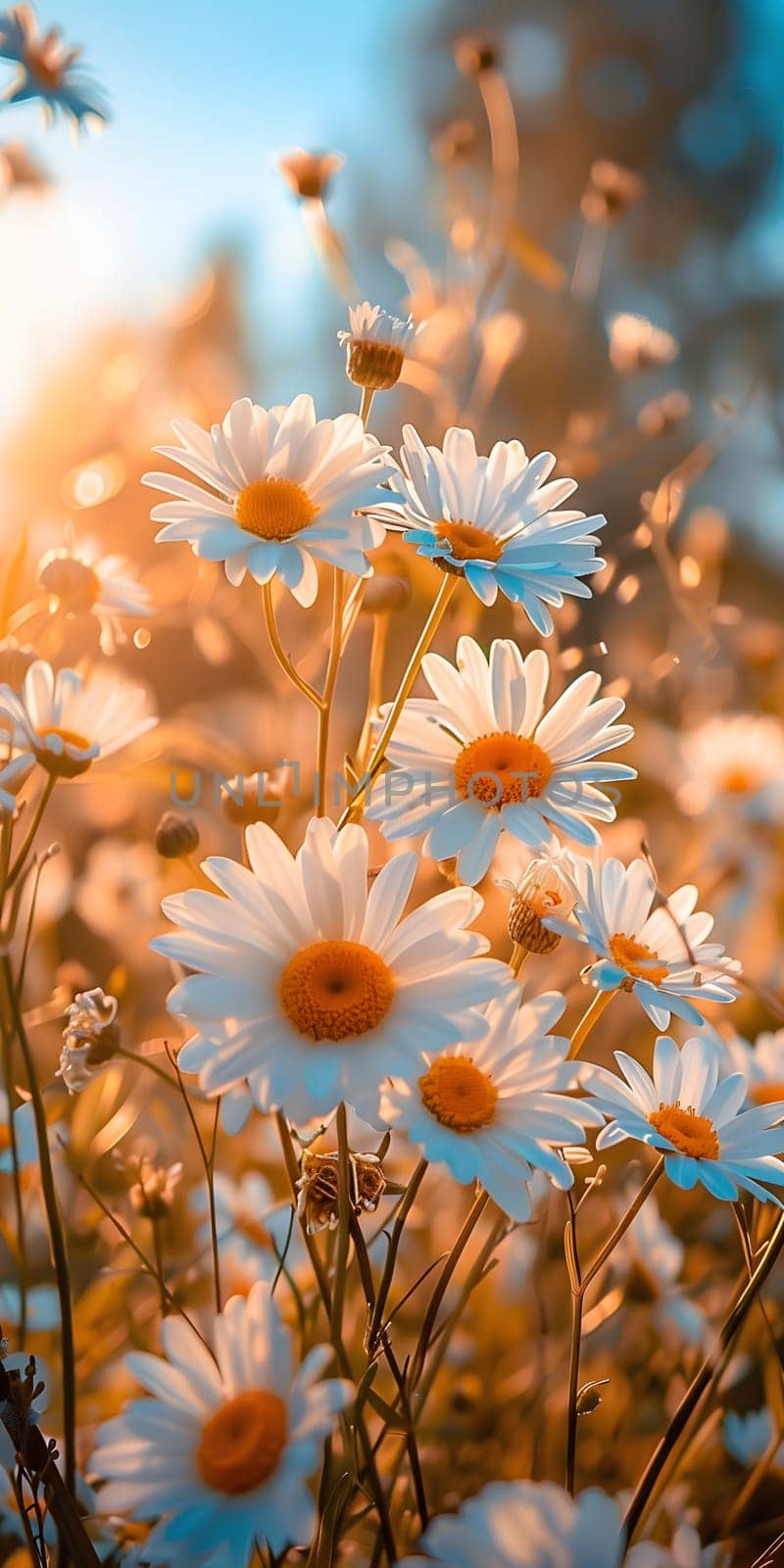 Field of daisies under the sun, petals glowing in azure and orange hues by Nadtochiy