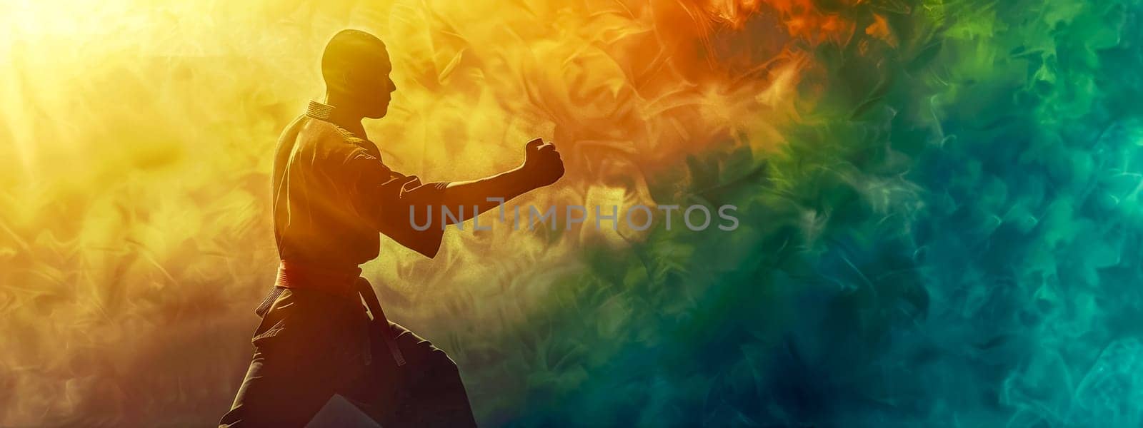 Male martial artist in action. Practicing karate and taekwondo. In a serene outdoor setting at sunset. Creating a beautiful silhouette and vibrant colors. Showcasing his strength. Discipline. Exercise