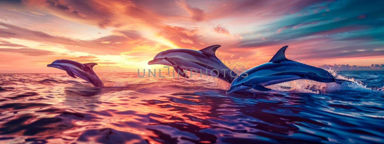 Trio of dolphins is captured mid-jump above the ocean waves at sunset, with vibrant sky colors