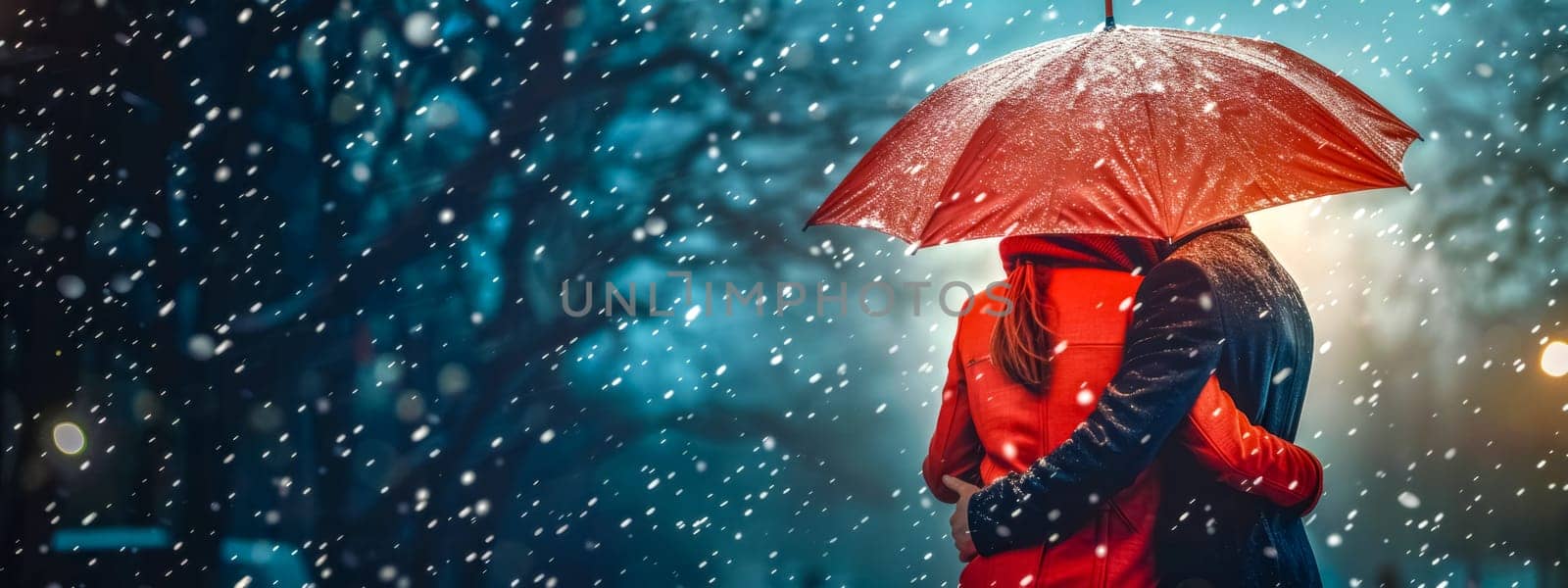Couple hugging outdoor during a snowy night, covered by a red umbrella