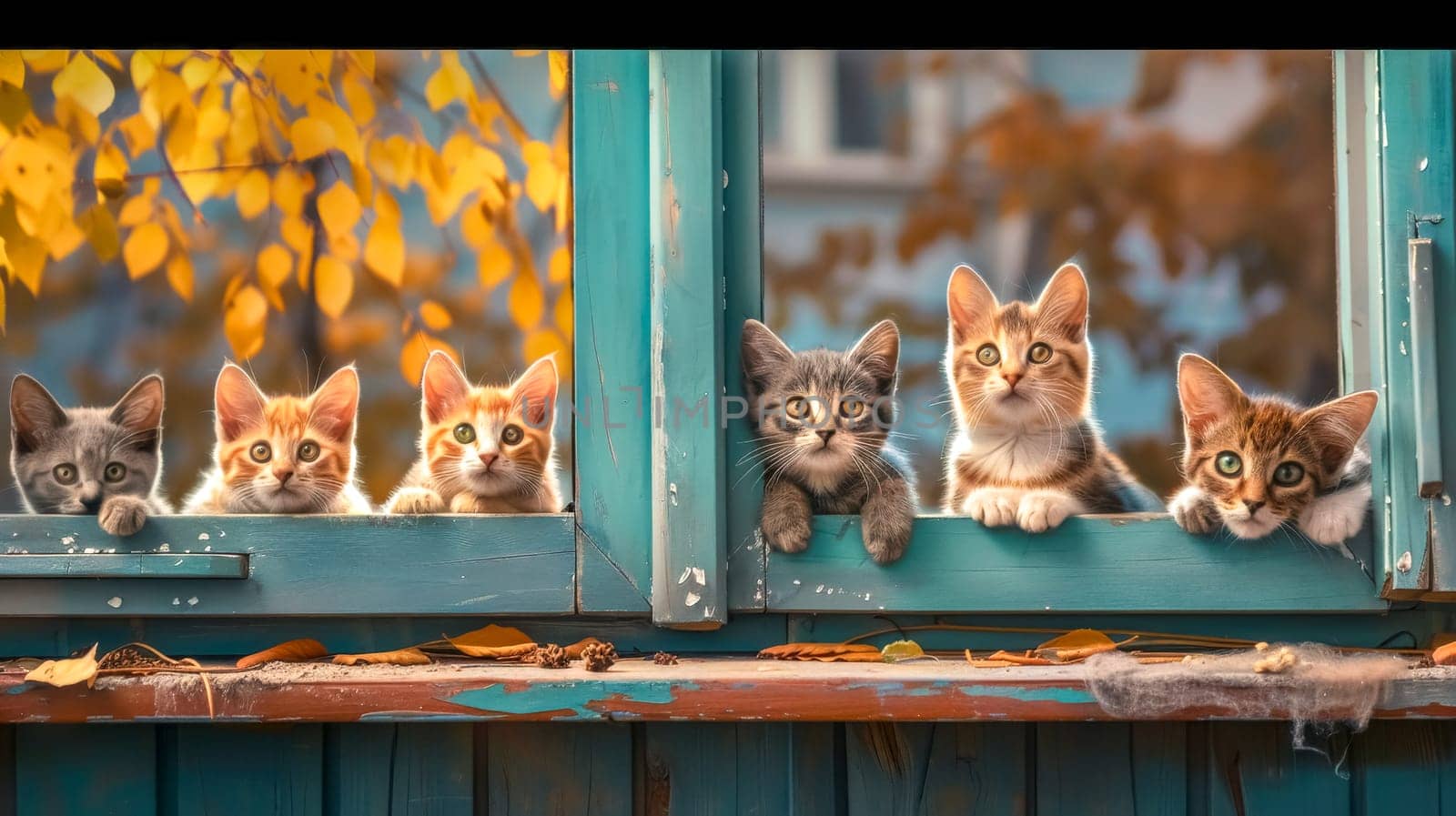 Row of adorable kittens peeking out from an open window during autumn