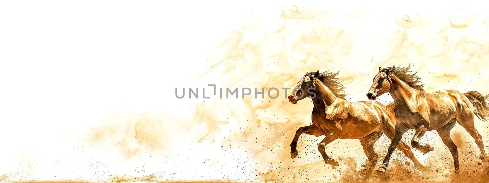 Energetic scene of two horses in motion with creative watercolor effects