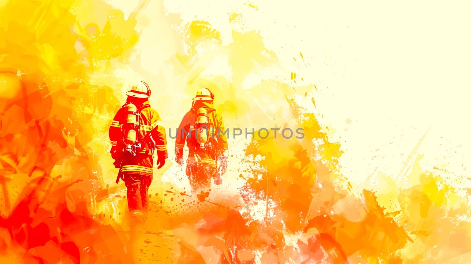 Silhouettes of firefighters advancing through intense flames, depicted in vibrant orange and yellow hues