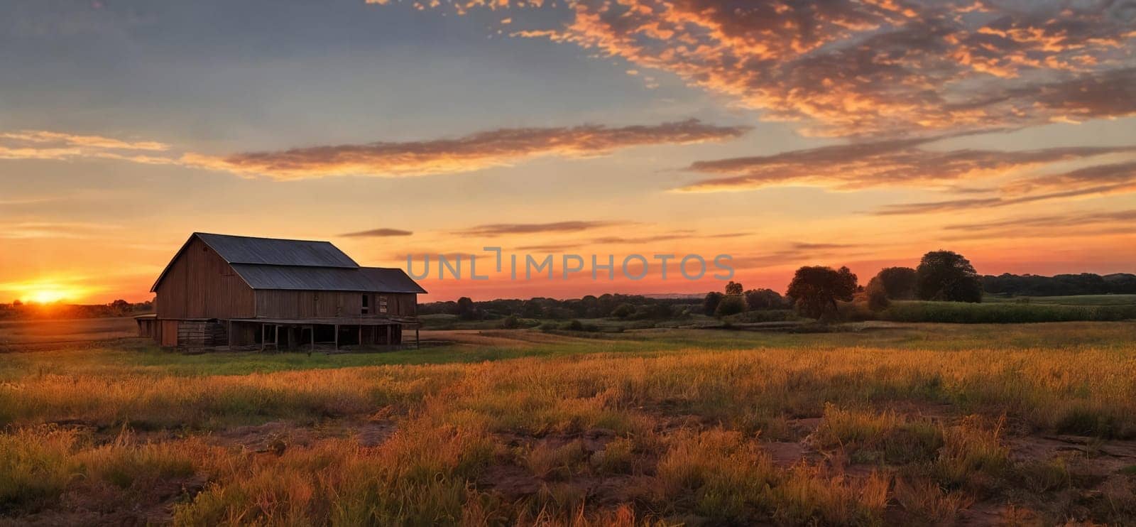 Wooden houses by a lowland river at sunset: Rustic charm tranquil waters reflect the golden sky. Nature's beauty at its finest. Generative AI.