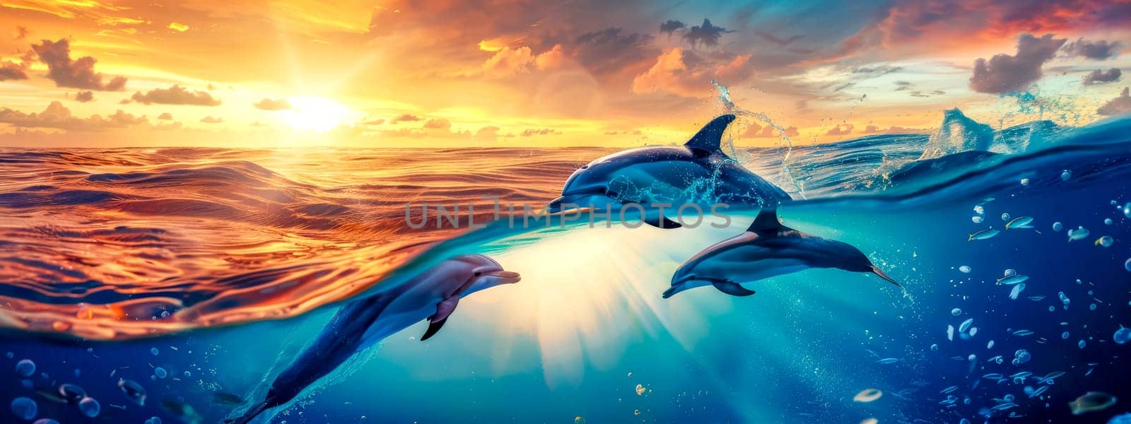 Playful dolphins jump above waves against stunning ocean sunset backdrop